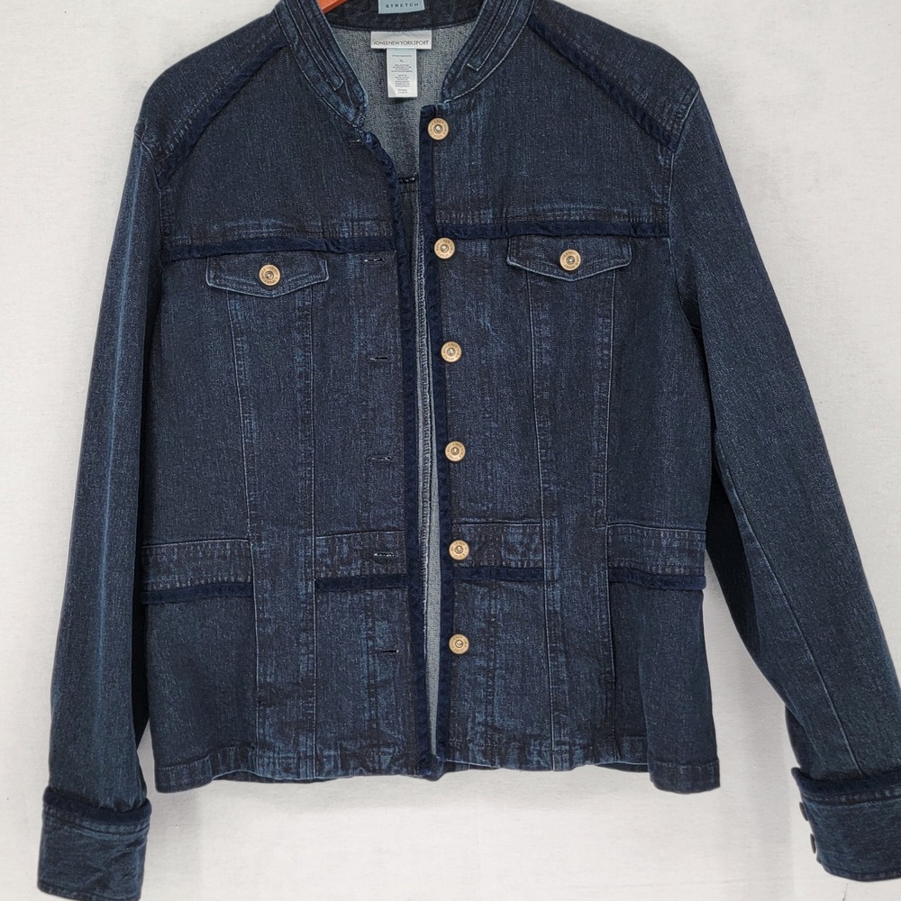 Jones New York Sport Dark Indigo Denim Jacket Velvet Trim Mandarin Collar XL